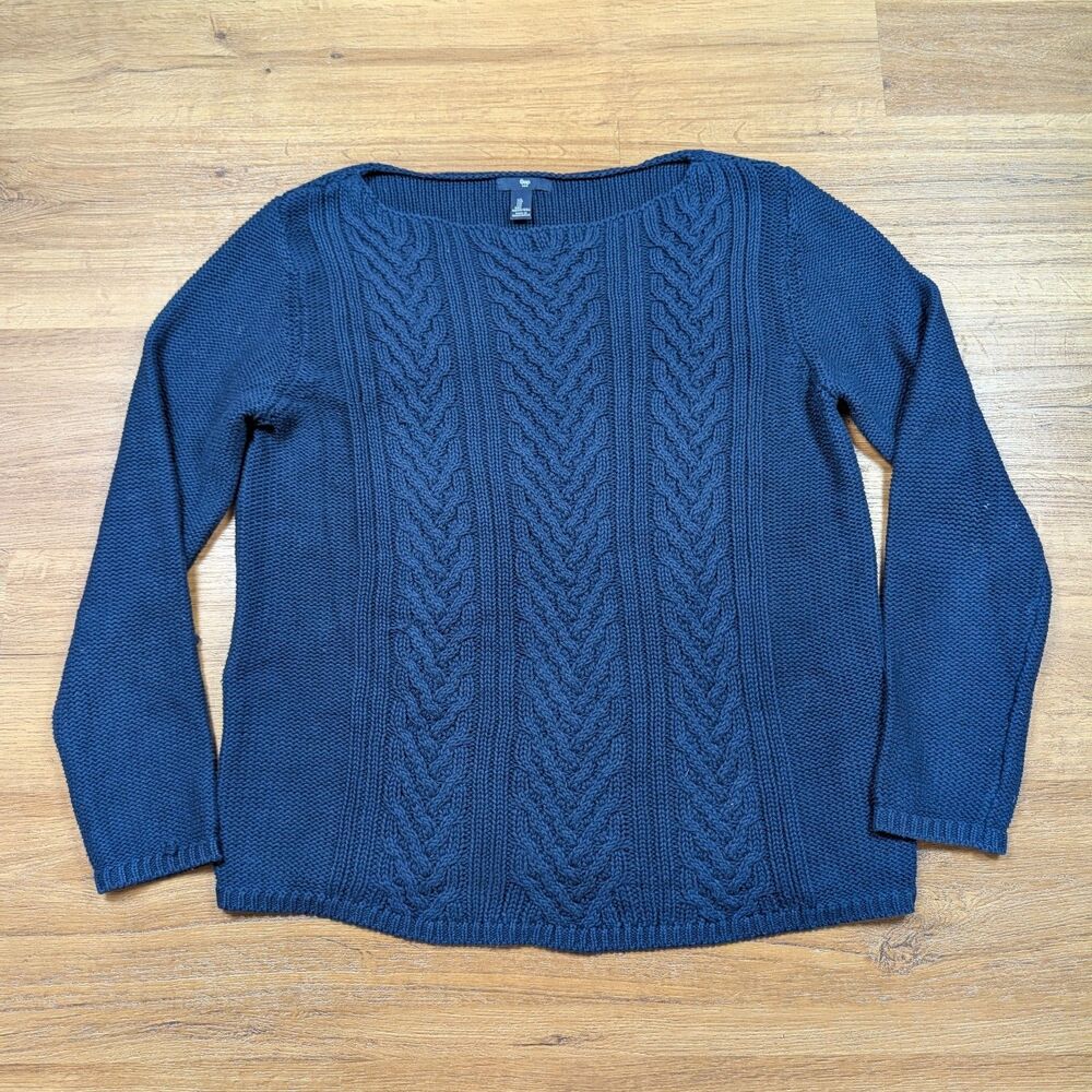 GAP Cable Knit Fisherman Sweater Women's Blue Large Cotton Tennis Golf Preppy